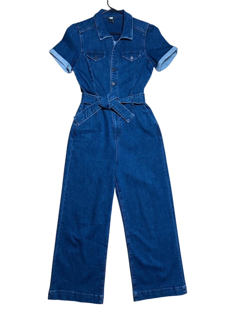 Paige Anessa Short Sleeve Denim Ankle Crop Wide Leg Jumper In Jelma Wash Sz 6